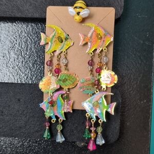 Yellow and Pink Fish Decor Earrings with Cascading Design